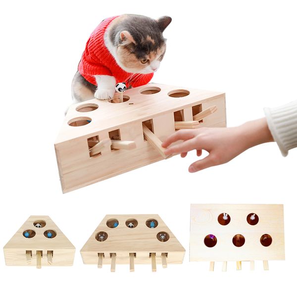 

pet cat interactive play toy cat toys indoor solid wooden cat hunting whack toy interactive 3/5-holed mouse seat scratch