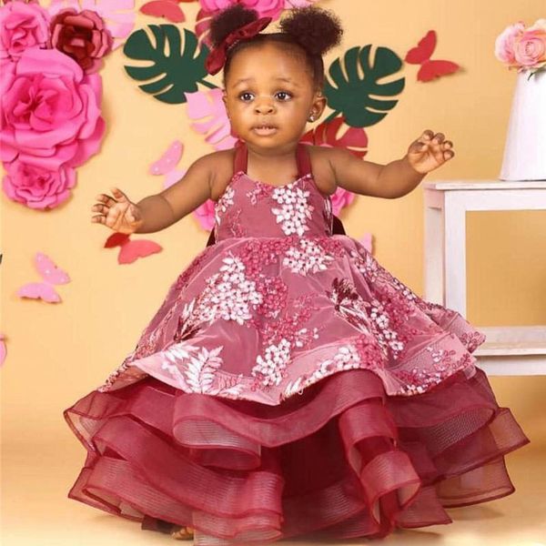 

ball gowns flower girls dresses with spaghetti straps appliques tiered organza kids first communion dress puffy african kids birthday gowns, White;blue