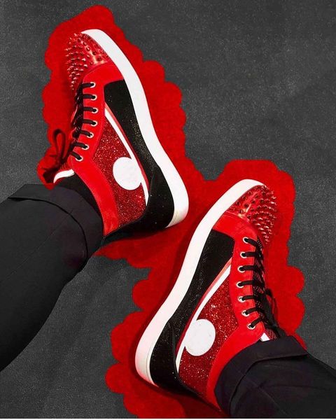 

high spikes red bottom sneakers men skateboard with studs & strass brand designer party wedding casual walking with box eu35-47, Black