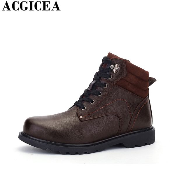 

plus size 37-48 high quality genuine leather men winter boots lace up warm plush snow boots ankle botas fashion men, Black