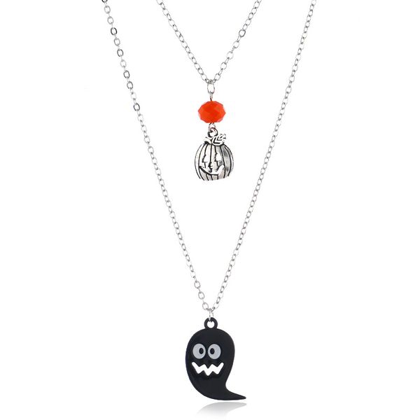 

halloween jewelry pumpkin ghost pendant necklace charms double-layered necklace alloy sweater chain gifts for men and women, Silver
