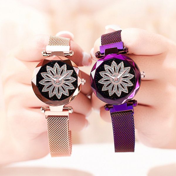 

vohe luxury rose gold women mesh magnet buckle watches fashion flowers elegant ladies wristwatches female magnetic watch clock, Slivery;brown