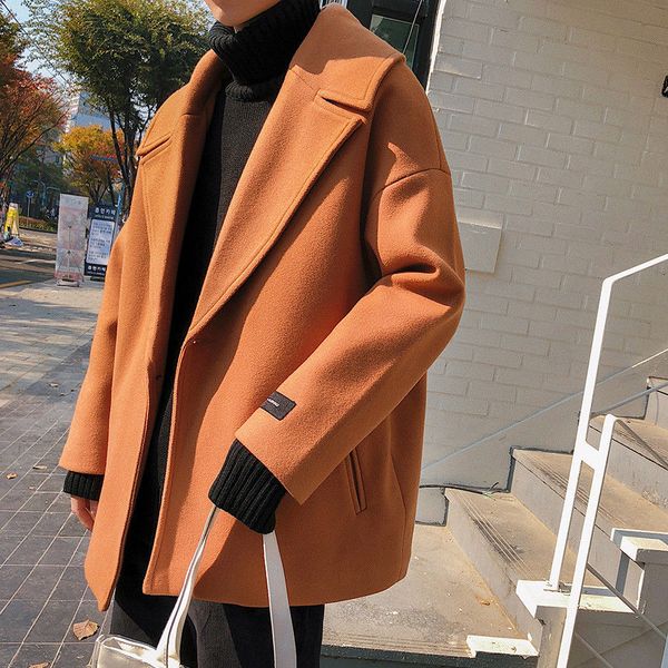 

new mens korean fashion loose wool blend outwear coat casual lapel jacket parka, Black