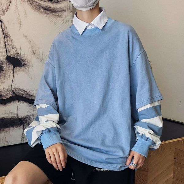 

autumn cotton fake two hoodies men fashion striped stitching casual sweatshirt men streetwear loose hip hop hoodie man hoody, Black