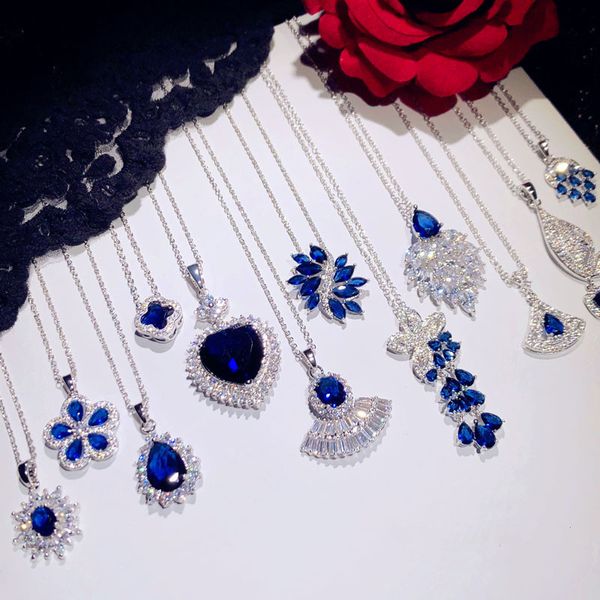 

luxury vintage necklaces pendants for women 925 sterling silver sapphire blue cubic zirconia clavicular chain fine jewelry