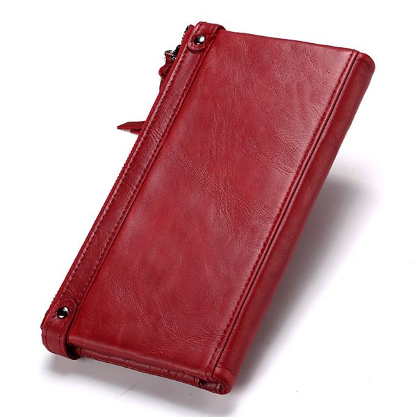 

the first layer of leather ladies wallet long double zipper fashion cowhide women's multi-card wallet, Red;black