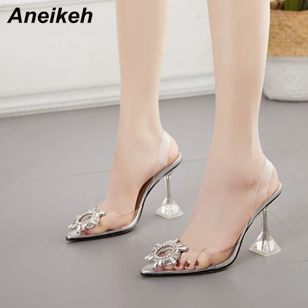 

aneikeh 2020 summer women shoes rome pvc sandals transparent beads clear glass strange style thin high heels slip-on open toe, Black