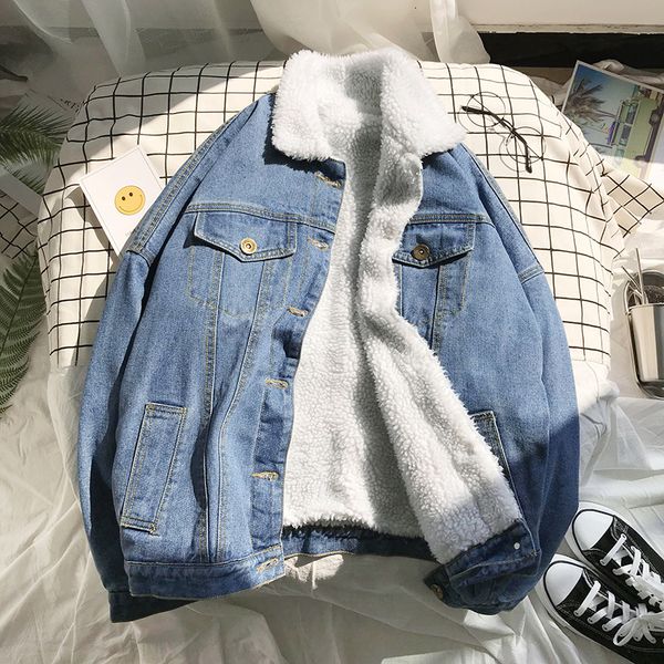 

winter new plus velvet thick denim jacket men warm fashion solid color casual denim coat man streetwear loose cotton clothes, Black;brown