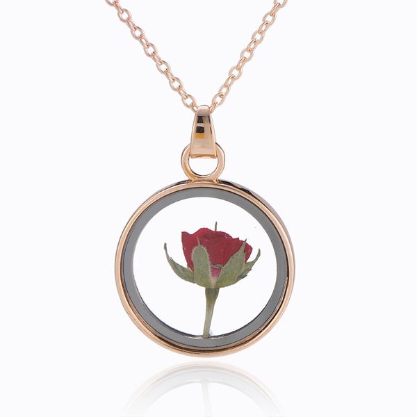 

2019 new natural real dry rose flower necklace glass pendant neck chain gift for lover charm necklace 60cm fashion jewelry, Silver
