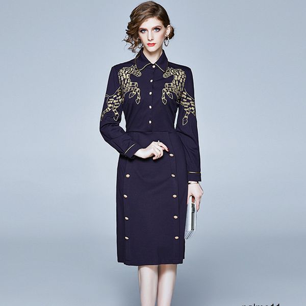 

женские дизайнерские платья сезон тонкий тяжелый вышивка лацкан с длинным рукавом одношаговая юбка 2bwn, Black;gray