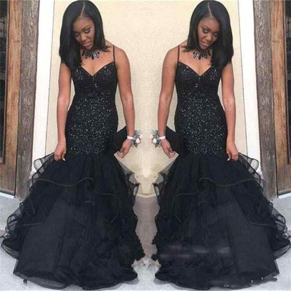 

african black girls prom dresses mermaid spaghetti straps beaded crystal tiered ruffles v neck custom evening gowns party wear