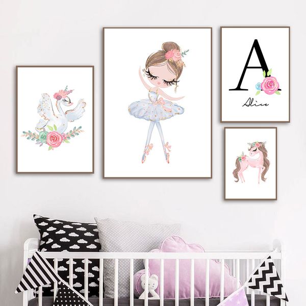 

ballet girl custom name wall art canvas painting poster swan unicorn wall pictures baby girl room decor babi nordic poster