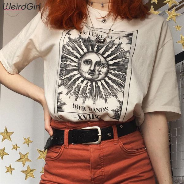 

women casual fashion t shirt khaki letter sun moon print loose o neck half sleeve elastic stretched summer new, White