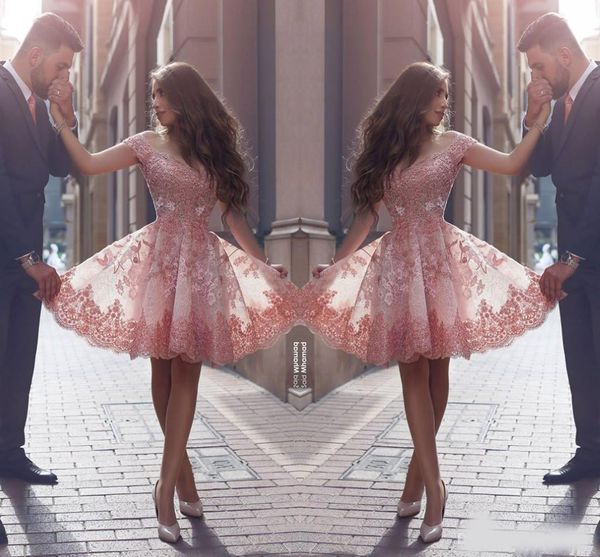 

2109 dusty pink new arabic style homecoming dresses off shoulders lace appliques cap sleeves short prom dresses backless cocktail dresses, Blue;pink