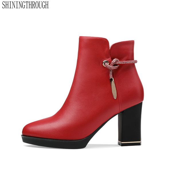 

women ankle boots genuine leather autumn winter warm high heels shoes woman rouned toe office lady boots size 41, Black