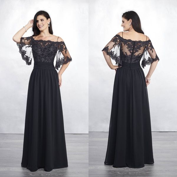 

chic black 2019 mother of the bride dresses off the shoulder a line lace appliqued wedding guest dress chiffon formal evening gowns, Black;red
