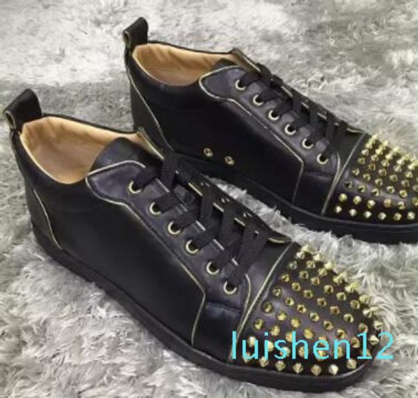 

men's sneaker shoes party dress wedding low junior spikes red bottom glitter leather shoes,luxury red sole leisure outdoor flats, Black