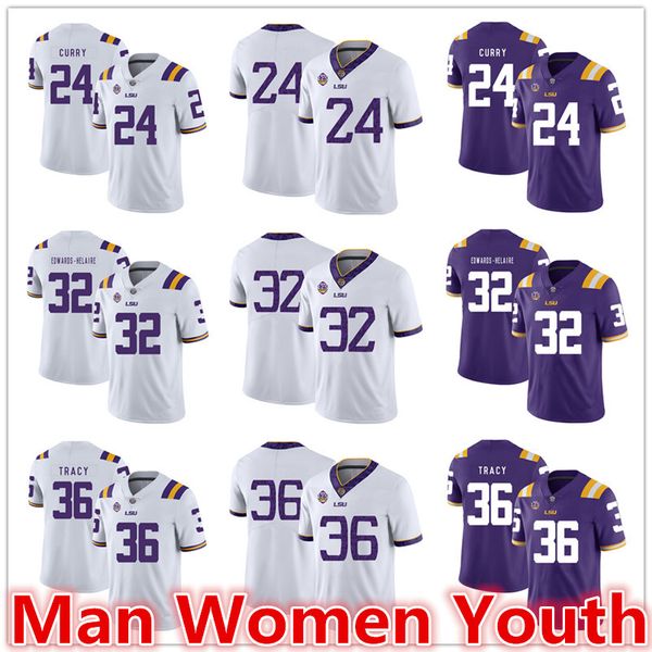 

настроить ncaa lsu tigers burreaux футбольные майки chris curry 24 clyde edwards-haliere 32 cole tracy 36 джерси любое имя размер s-5xl, Black