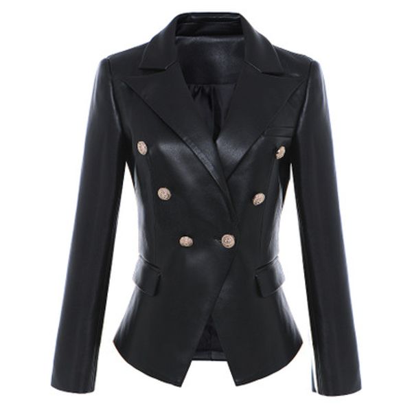

new designer women leather blazers lion head button double breasted suit jacket female slim office business blazer coat a289, White;black