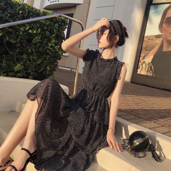 

mishow chiffon polka dot dress women summer midi bandage dress casual sundress women boho beach mx18b1178, Black;gray