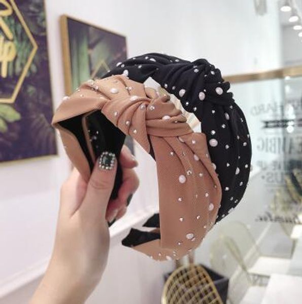 

new 2019 fashion girls headband handmade shining pearls rhinestone ornament hairband women middle knot turban hair accessories, Blue;slivery
