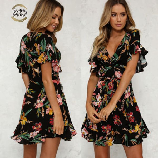 

women arrival boho floral print beach dress new summer lady evening party short sleeve v neck mini dress designer clothes, Black;gray