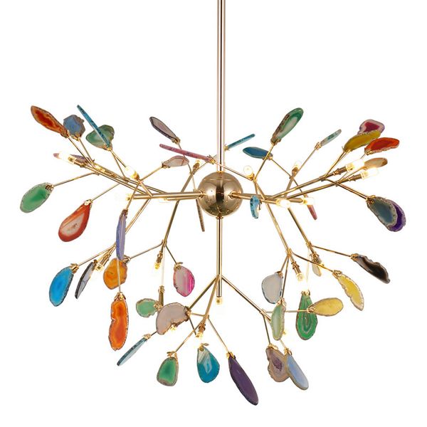 French Country Natural Agate Leaves Chandelier Round Hanging Light Creative Globe Colored Chandelier Lighting For Foyer Kitchen Contemporary Hanging