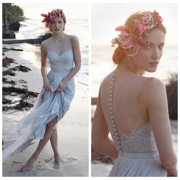 

sheer neck wedding dresses with pearls covered button lace appliques beach wedding dresses see through back a line wedding dresses, White