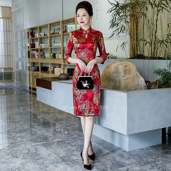 

chinese cheongsam dress for women satin qipao flower elegant mandarin collar traditional party new year clothes plus size, Red