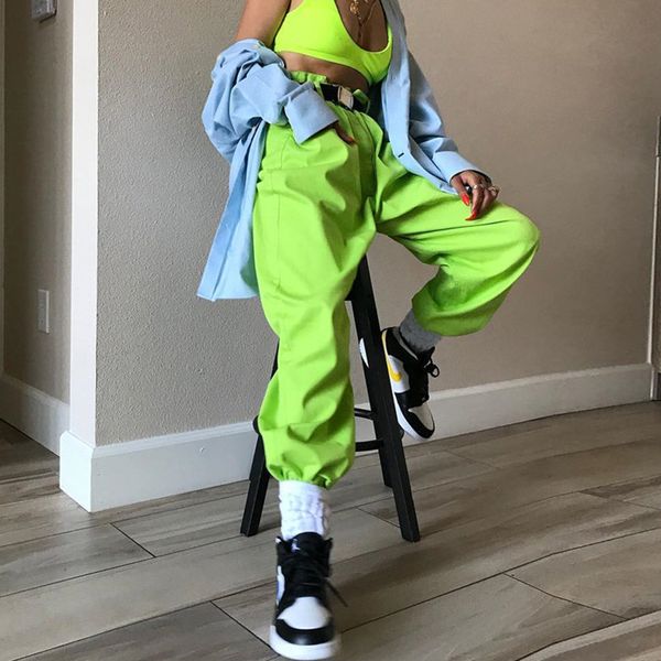 

ins streetwear вскользь неоновые зеленые штаны высокой талией длинные bottom лето осень зима сексуальные женщины одежда женские брюки, Black;white