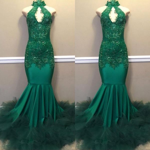 

dark green mermaid african prom dresses 2019 new floor length sequined high neck backless formal evening dress pageant party gowns, Black