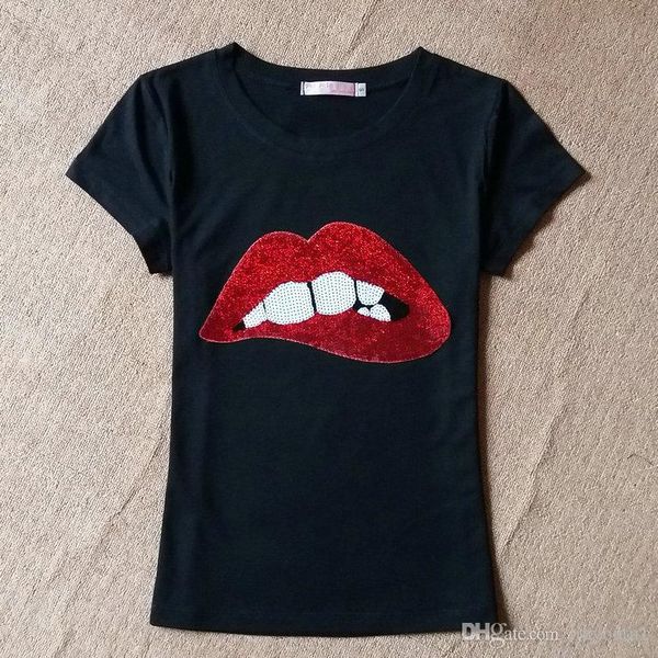 

short sleeve round neck tee sequined sparkely glittery cozy costume lip print women t shirt 2020 fashion summer, White