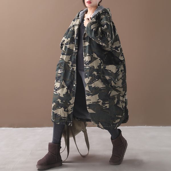 

female new autumn and winter korean style plus size outerwear literary camouflage thick hooded long loose coat, Black
