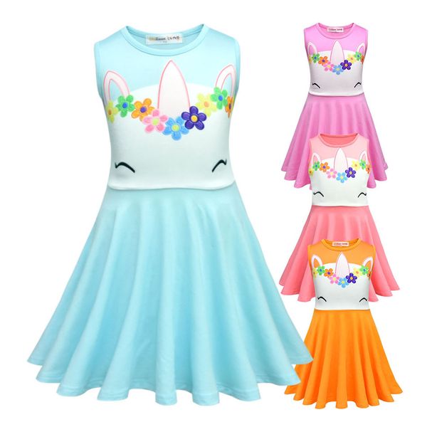

baby girl one-piece dress unicorn style summer casual clothes cartoon children clothing red kids sleeveless ponies jumper dress, Red;yellow