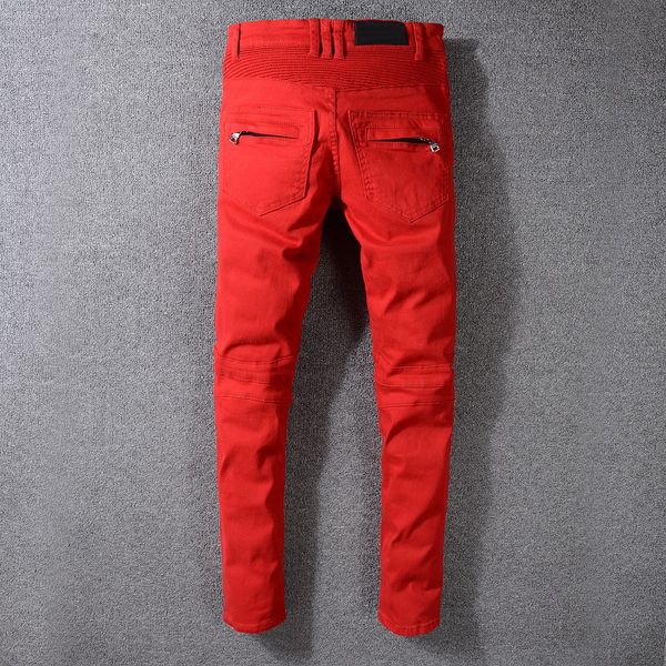 

new arrival 2020ss fashion brand men's washed pleated joint design casual red slim biker jeans man moto denim jeans pants trousers, Blue