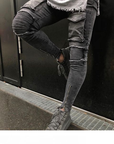 

fashion brand slim designer mens ripped biker jeans leather patchwork slim fit black moto denim joggers for male distressed jeans pants, Blue