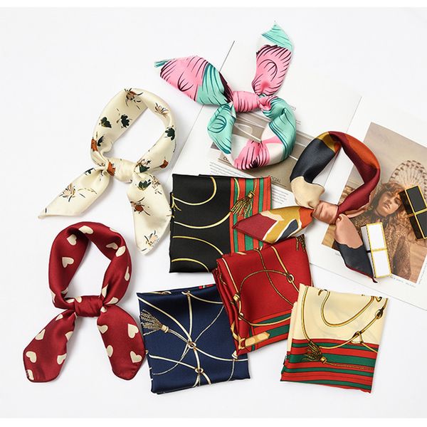 

50*50cm fashion women elegant floral silk square scarf small plain neckerchief handle bag ribbons ladies headband hair tie band