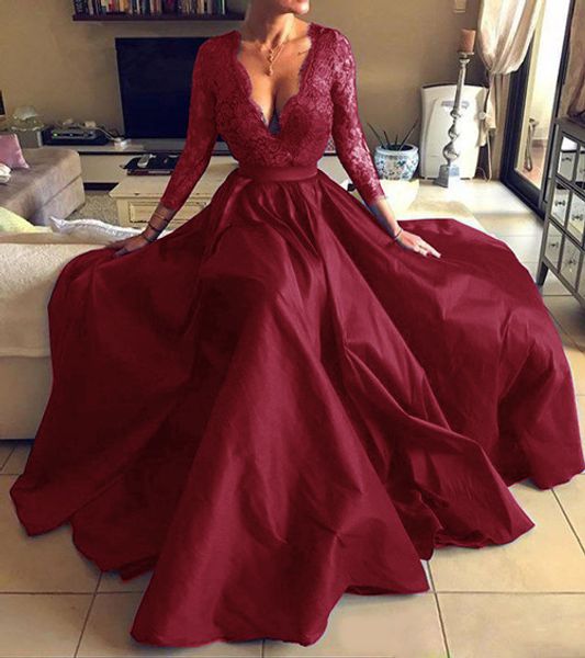 

lace satin v neck evening dresses 2020 3/4 long sleeves evening gowns zipper back prom dress, Black;red