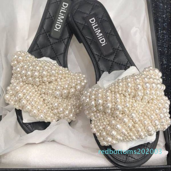 

2019 women summer luxurious pearl bead slipper ladies peep toe handwork flat gladiator sandals women fashion casual shoes 03r, Black
