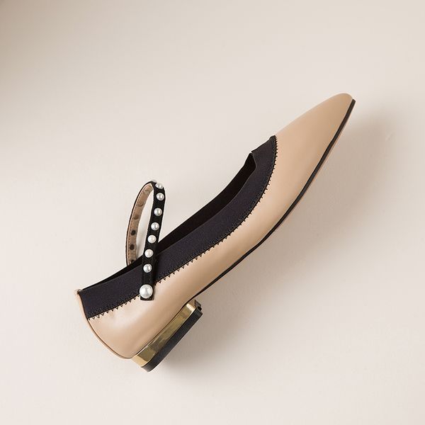 

mary janes women shoes low heels pumps pink apricot genuine leather pointed toe shoes elegant ladies shoes buckle, Black