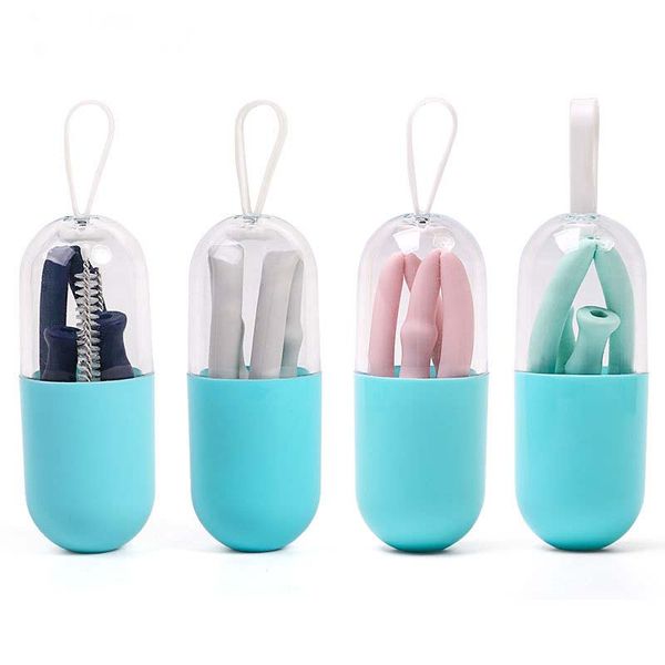 

collapsible silicone straw reusable folding drinking straw with carrying case and cleaning brush travel home office drink tool