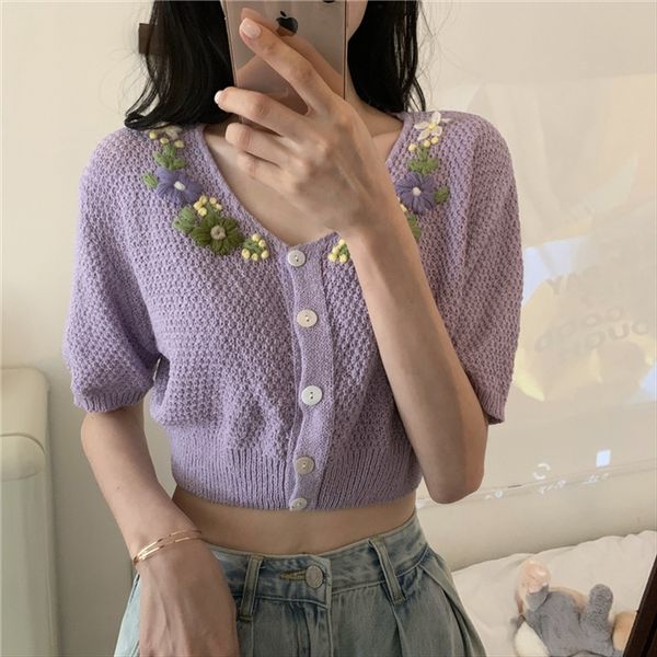 

high-waisted knitted short-sleeved wool t-shirt wool cardigan thin 2020v collar short navel t-shirt female ins, White