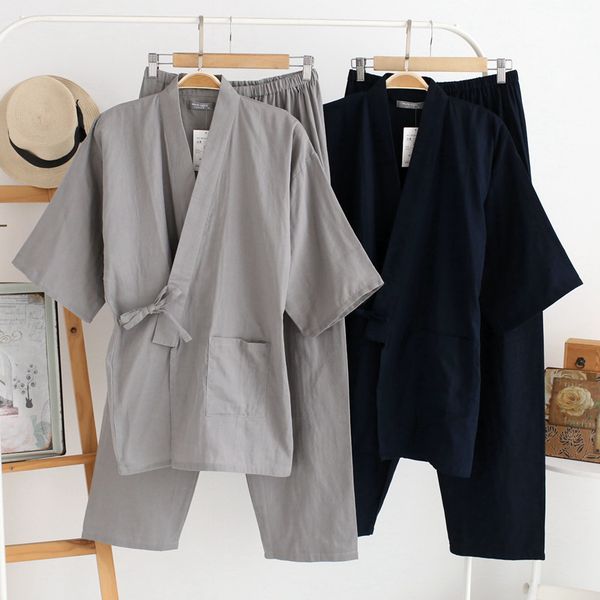 

men's cotton kimono sleepwear set new style 2pcs robe&pants home wear long loose pajamas suit solid nightwear with pocket, Black;brown