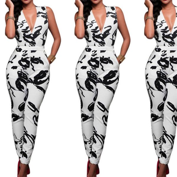

women sleeveless floral printed playsuit clubwear 2019 ladies high cut summer romper deep v-neck long jumpsuit trousers new, Black;white