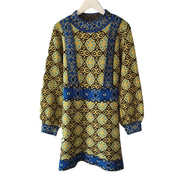 

Womens Designer Knitwear Dress With Exquisite Retro Pattern Fashion Lantern Sleeves Casual Dresses Ladies Panelled Dresses