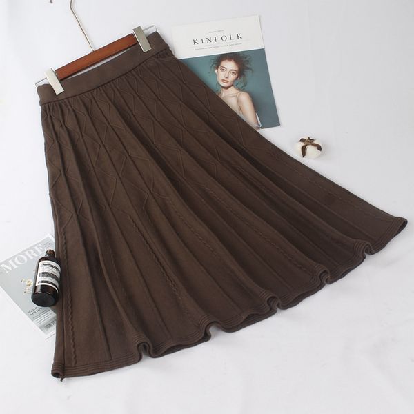 

gigogou autumn winter long knitted women skirts soft warm pleated skirt knitted female maxi skirts, Black