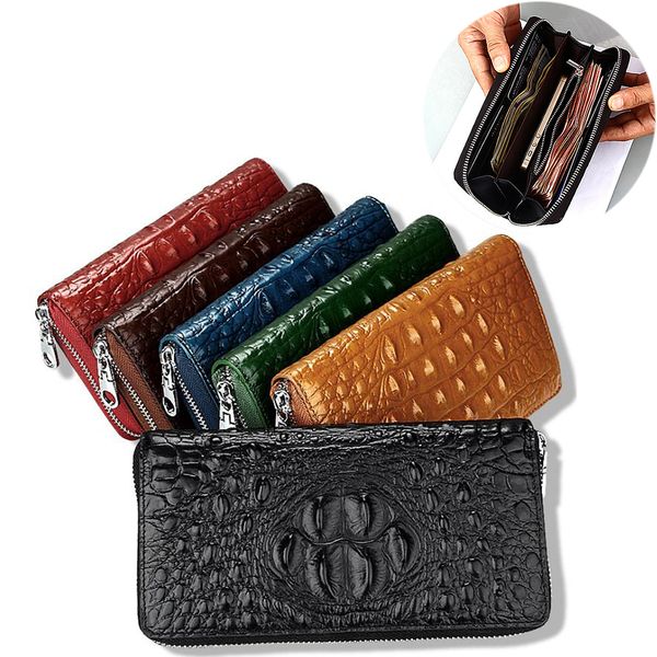 

genuine leather long fold over clutch wallet men vintage crocodile pattern card holder zipper purses banknote pouches phone pocket gifts, Red;black