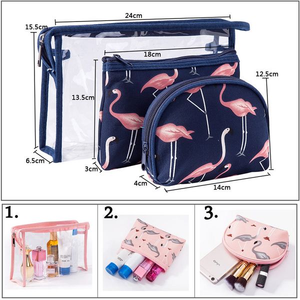 

3 шт flamingo косметика сумки установить прозрачного пвх косметического мешка путешествия организатора neceser цветок чехол красота водонепр