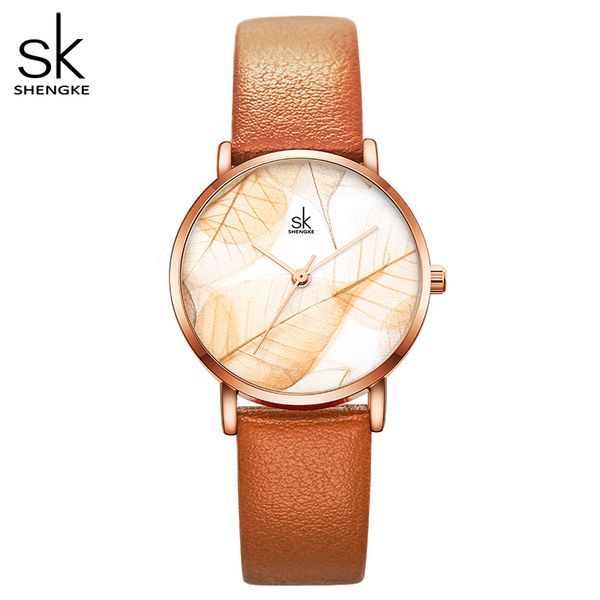 

shengke new women watches creative leaves dial bright leather strap quartz clock fashion casul ladies wristwatch montre femme, Slivery;brown