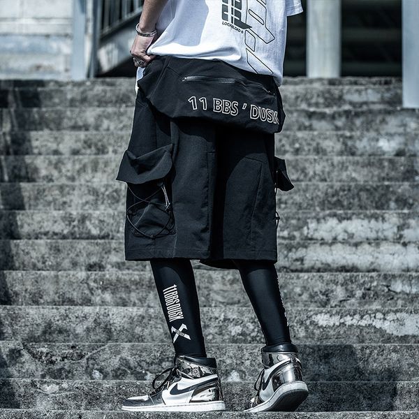 

men hip hop joggers streetwear shorts summer pockets harajuku cargo shorts tactical sweatpants removable bag sa-8, Black